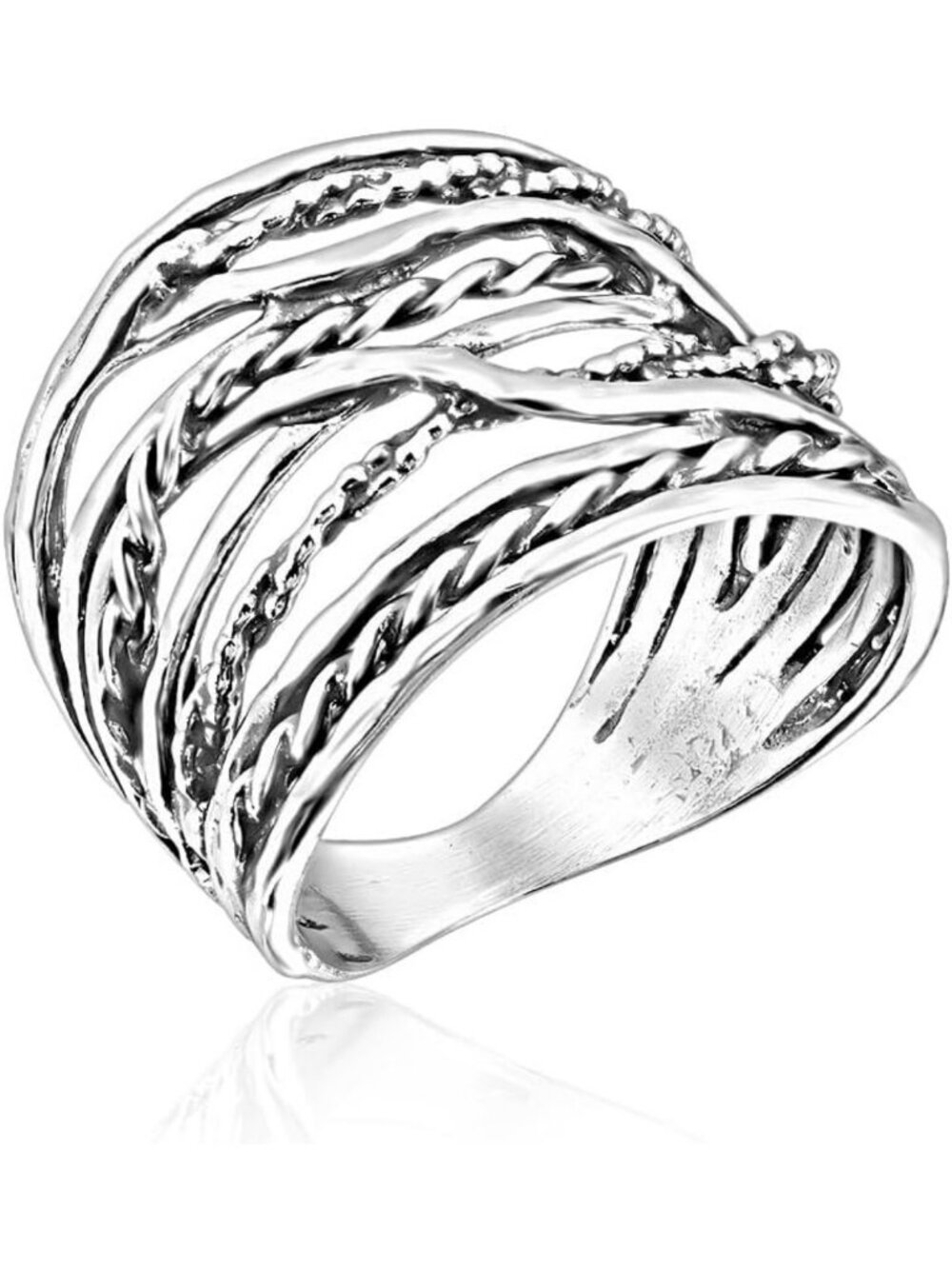 Bold Multi-Strand Layered Statement Ring - 925 Sterling Silver Braid & Bead Wrap